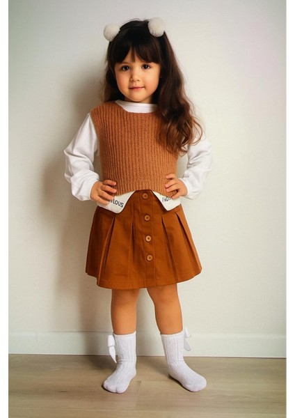 Kız Çocuk Kahverengi Süveterli Etekli Takım 3’lü Kombin
