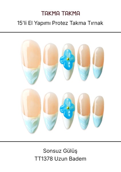 15'li Mavi Uzun Badem TT1378 Tekrar Kullanılabilir El Yapımı Protez Takma Tırnak - Mavi-S