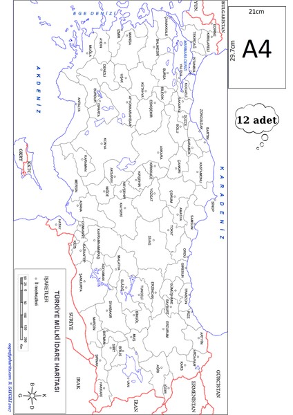 A4 Boy Dilsiz Türkiye Mülki Idari Haritası Renksiz 12 Adet