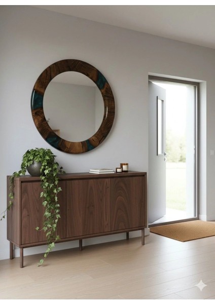 Dresuar Epoksi Ayna Dekoratif Yuvarlak Ayna 58 cm Çap Ahşap, Dresuar Aynası, Koridor Ayna, fiyatları