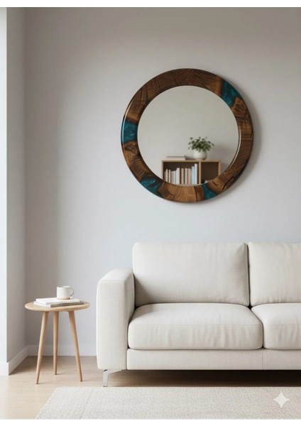 Dresuar Epoksi Ayna Dekoratif Yuvarlak Ayna 58 cm Çap Ahşap, Dresuar Aynası, Koridor Ayna, fırsatları
