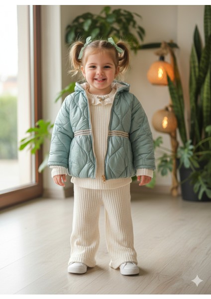 Kız Bebek Montlu Üçlü Takım (Omuzdan Çıtçıtlısweatshirt+ Mont +Pantolon)
