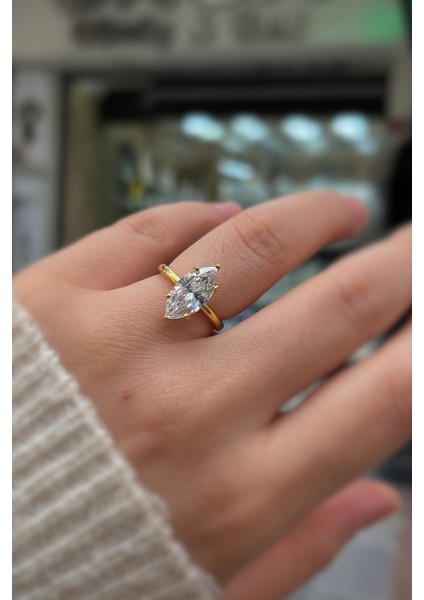 Gümüş Markiz Taşlı Altın Kaplama Yüzük