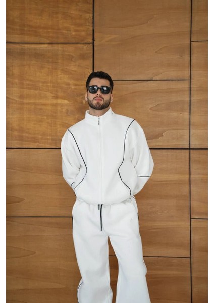 Erkek Premium Parçalı Eşofman Takım - Dik Yaka Fermuarlı Biyeli Sweatshirt Lastik Paça Alt, Oversize 3 Iplik Şardonlu - Beyaz -Vlmr