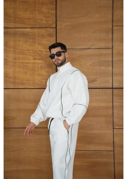 Erkek Premium Parçalı Eşofman Takım - Dik Yaka Fermuarlı Biyeli Sweatshirt Lastik Paça Alt, Oversize 3 Iplik Şardonlu - Beyaz -Vlmr fiyatları