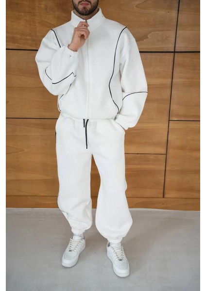 Erkek Premium Parçalı Eşofman Takım - Dik Yaka Fermuarlı Biyeli Sweatshirt Lastik Paça Alt, Oversize 3 Iplik Şardonlu - Beyaz -Vlmr modelleri