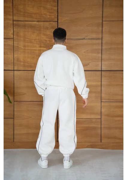 Erkek Premium Parçalı Eşofman Takım - Dik Yaka Fermuarlı Biyeli Sweatshirt Lastik Paça Alt, Oversize 3 Iplik Şardonlu - Beyaz -Vlmr fırsatları
