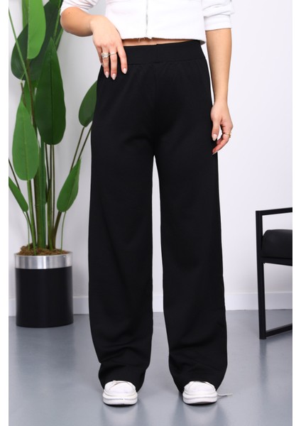 Siyah Yüksek Bel Fitilli Bol Paça Triko Pantolon