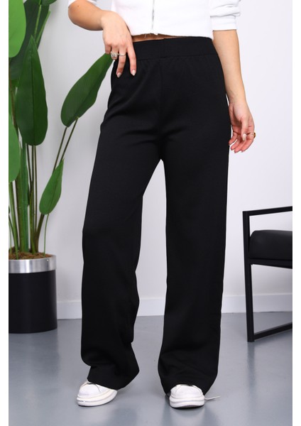 Siyah Yüksek Bel Fitilli Bol Paça Triko Pantolon fiyatları