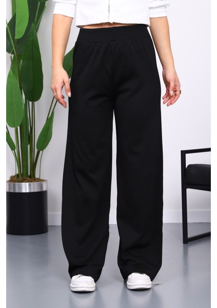 Siyah Yüksek Bel Fitilli Bol Paça Triko Pantolon fırsatları