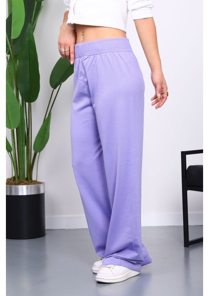 Lila Yüksek Bel Fitilli Bol Paça Triko Pantolon