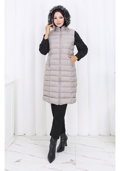 Kapüşonlu Fermuarlı Şişme Yelek 0177-01 Gri