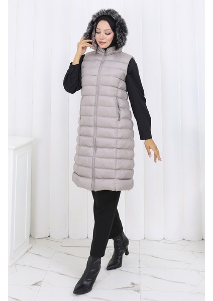 Kapüşonlu Fermuarlı Şişme Yelek 0177-01 Gri fiyatları