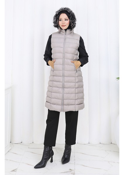 Kapüşonlu Fermuarlı Şişme Yelek 0177-01 Gri modelleri