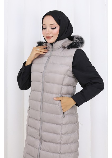 Kapüşonlu Fermuarlı Şişme Yelek 0177-01 Gri fırsatları