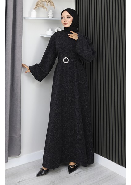 Scuba Kumaş Simli Abiye Elbise 0207-01 Siyah