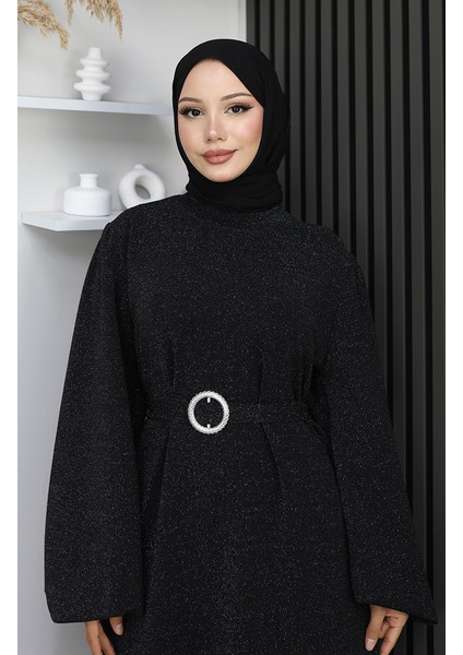 Scuba Kumaş Simli Abiye Elbise 0207-01 Siyah fırsatları