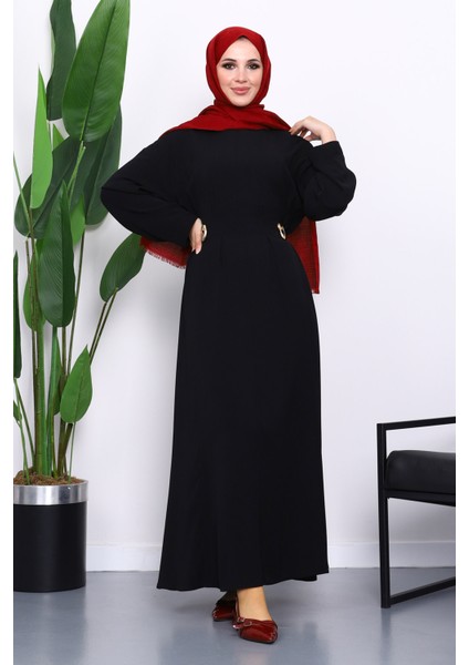 Siyah Bel Bağlamalı Piliseli Elbise