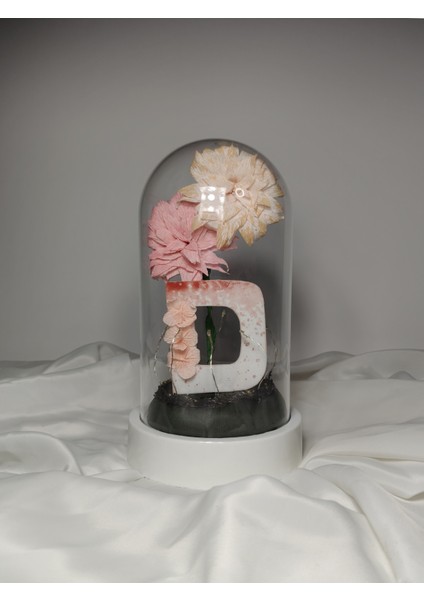 Dekoratif Ledli D Harfi, D Harfli Özel Dalia Çiçekli Teraryum Fanus, Hediyelik Fanus modelleri