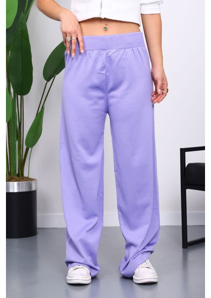 Lila Yüksek Bel Fitilli Bol Paça Triko Pantolon modelleri