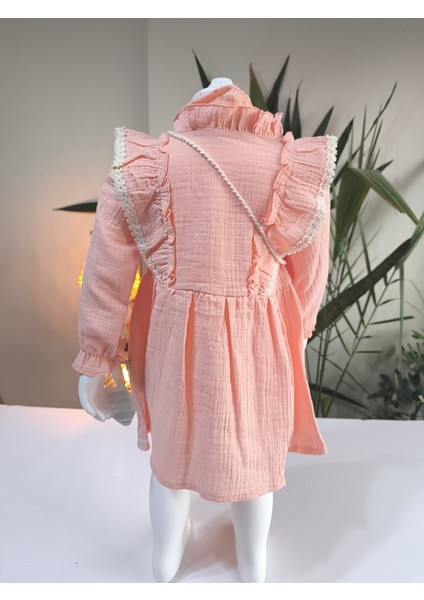 Uzun Kollu Dantel Detaylı Otantik Müslin Çantalı Kız Çocuk Elbisesi indirimleri