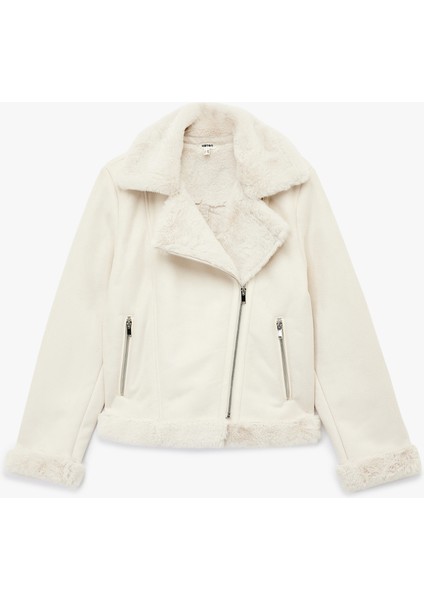 Cepli Fermuarlı Uzun Kollu Peluş Yaka Süet Görünümlü Crop Biker Ceket modelleri