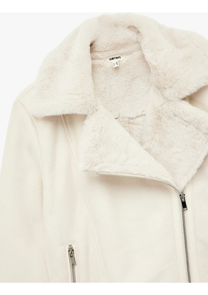 Cepli Fermuarlı Uzun Kollu Peluş Yaka Süet Görünümlü Crop Biker Ceket indirimleri