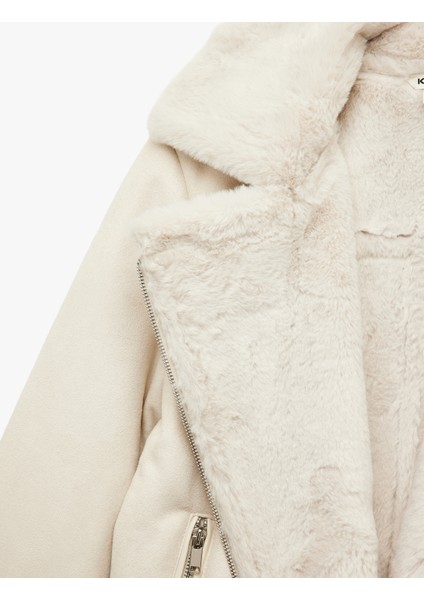 Cepli Fermuarlı Uzun Kollu Peluş Yaka Süet Görünümlü Crop Biker Ceket