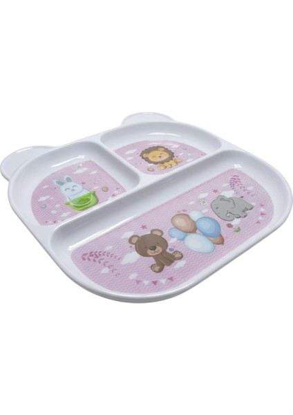 Fıtıfıtı Matt Cat Desenli ve Bölmeli Pembe Mama Tabağı- Melamin Tabak- Ek Gıda