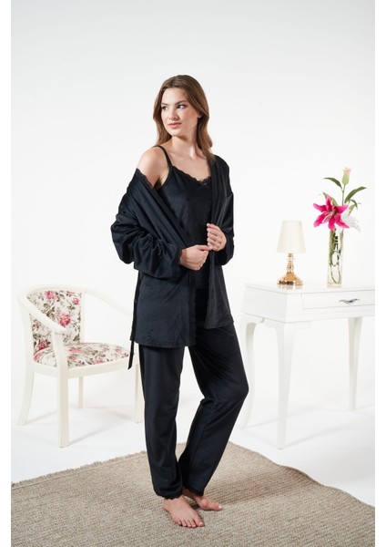 Kadın Siyah 3'lü Kadife Sabahlıklı Pijama Takımı - 24397R