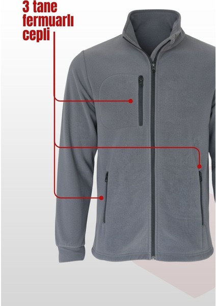Tam Fermuarlı 3 Cepli Polar Hırka – Koyu Gri, Uzun Kollu, Yumuşak Polar Kumaş, İş Elbisesi ve Soğuk Hava için Rahat Erkek Üst Giyim