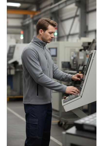 Tam Fermuarlı 3 Cepli Polar Hırka – Koyu Gri, Uzun Kollu, Yumuşak Polar Kumaş, İş Elbisesi ve Soğuk Hava için Rahat Erkek Üst Giyim