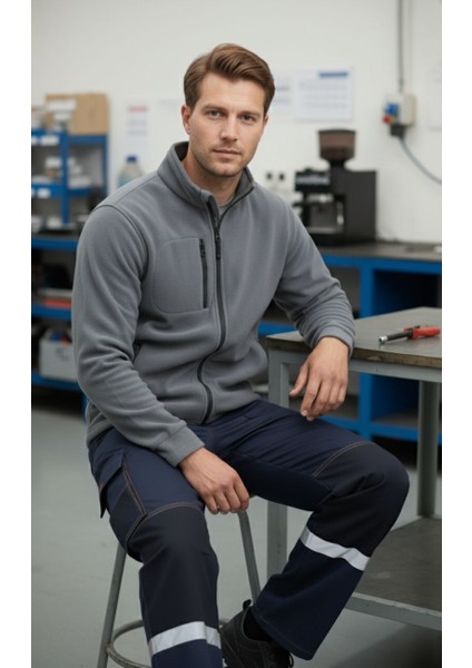 Tam Fermuarlı 3 Cepli Polar Hırka – Koyu Gri, Uzun Kollu, Yumuşak Polar Kumaş, İş Elbisesi ve Soğuk Hava için Rahat Erkek Üst Giyim