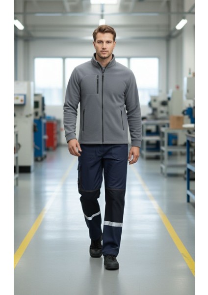 Tam Fermuarlı 3 Cepli Polar Hırka – Koyu Gri, Uzun Kollu, Yumuşak Polar Kumaş, İş Elbisesi ve Soğuk Hava için Rahat Erkek Üst Giyim
