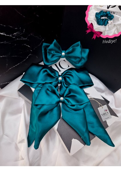 Kadın 3’lü Fiyonk Saç Tokası Seti + Scrunchie Hediyeli - Mavi Aura