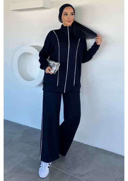 Ön Fermuarlı Şeritli Tunik Bel Lastikli Pantolon Tesettür Ikili Takım P-00018992