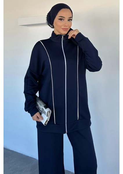 Ön Fermuarlı Şeritli Tunik Bel Lastikli Pantolon Tesettür Ikili Takım P-00018992 modelleri
