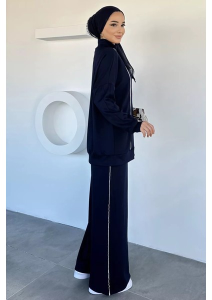 Ön Fermuarlı Şeritli Tunik Bel Lastikli Pantolon Tesettür Ikili Takım P-00018992 fırsatları