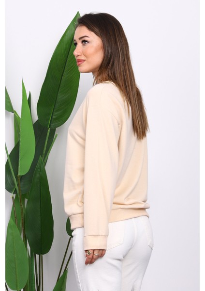 Krem Bisiklet Yaka İki İplik Sweatshirt modelleri