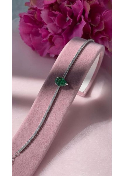 Zümrüt Yeşili Özel Taş Damla Form Su Yolu Bileklik 925 Ayar Gümüş