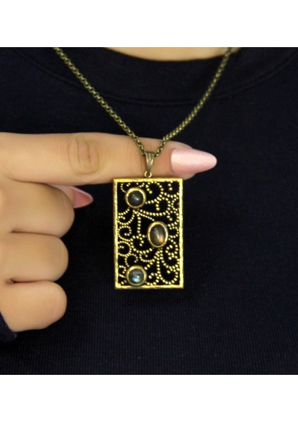 Doğal Taş Labradorit 3'lü Doğal Taşlı Antik Kadın Kolye EUK45LBT