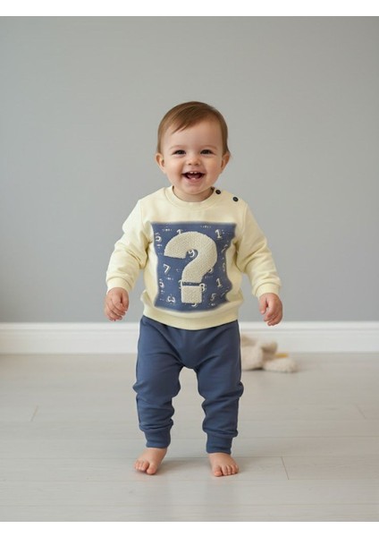 Erkek Bebek Hardal Sarı / Indigo Mavi Şardonlu Kışlık Baskılı (Matematik Figürlü) 2'li Takım Eşofman Seti