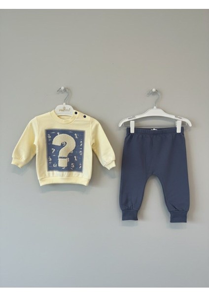 Erkek Bebek Hardal Sarı / Indigo Mavi Şardonlu Kışlık Baskılı (Matematik Figürlü) 2'li Takım Eşofman Seti fiyatları