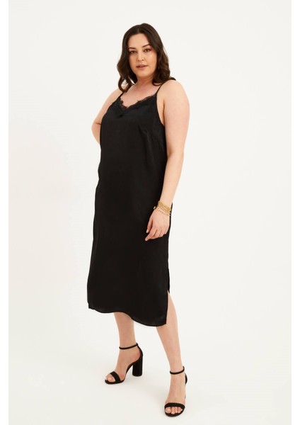 Saten Dantelli Arkası Çapraz Midi Elbise fiyatları