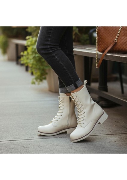 4659 Kadın Bot Ayakkabı Kaymaz Taban Fermuarlı Bağcıklı Günlük Kadın Bot