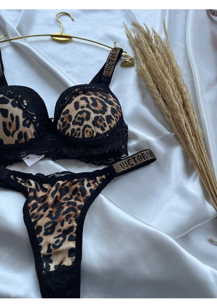 Dantelli Lastiği Taşlı Balenli Destekli Dolgulu Push Up Leopar Sütyen Ve String Iç Çamaşırı Takımı indirimleri