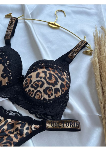 Dantelli Lastiği Taşlı Balenli Destekli Dolgulu Push Up Leopar Sütyen Ve String Iç Çamaşırı Takımı