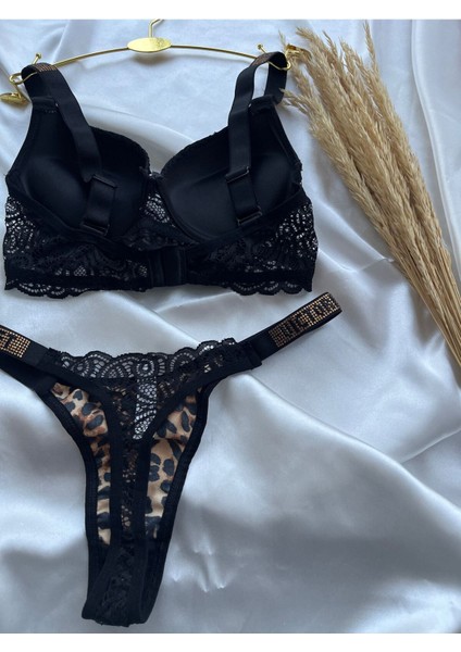 Dantelli Lastiği Taşlı Balenli Destekli Dolgulu Push Up Leopar Sütyen Ve String Iç Çamaşırı Takımı