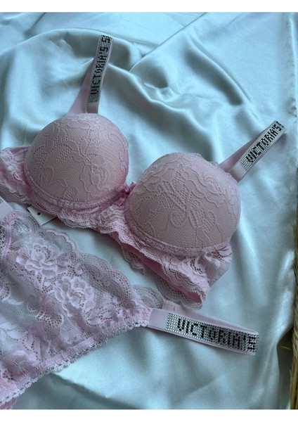 Dantelli Lastiği Taşlı Balenli Destekli Dolgulu Push Up Pudra Sütyen Ve String Iç Çamaşırı Takımı
