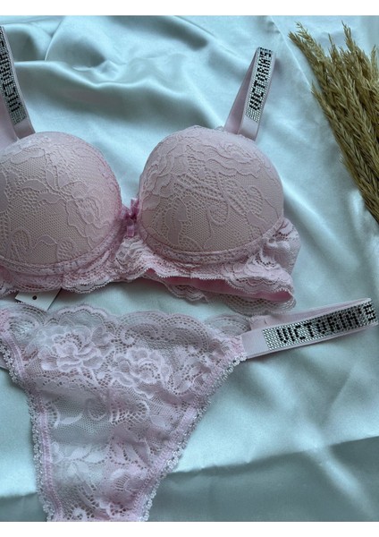 Dantelli Lastiği Taşlı Balenli Destekli Dolgulu Push Up Pudra Sütyen Ve String Iç Çamaşırı Takımı